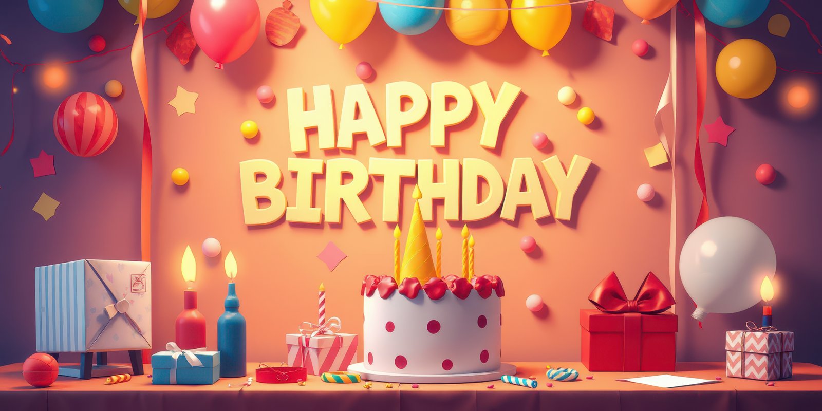 Colorful birthday decorations and cake create a festive atmosphere for celebration